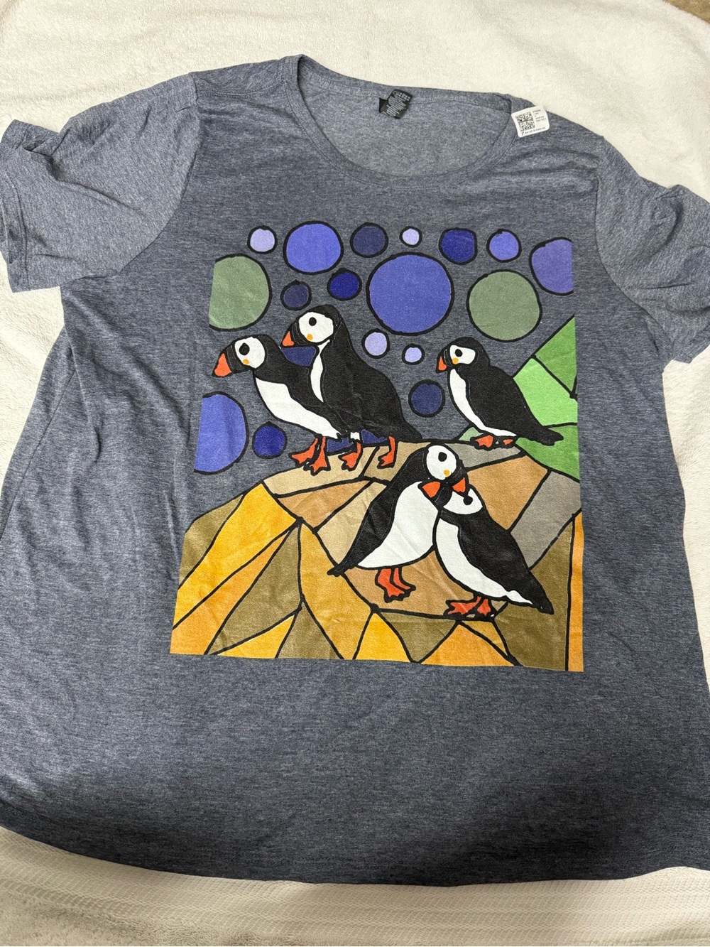 Gildan Heather Gray Puffin Art Tee with Purple and Green Accents